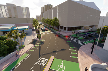 An engineering rendering of a complete streets intersection.