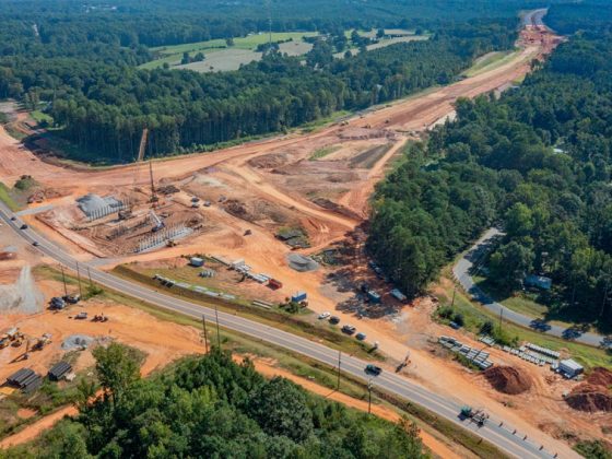 Aerial view of the Complete 540 interchange under construction.