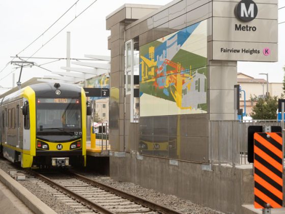 Train arrives at the new Crenshaw LAX transit corridor project Fairview heights station.