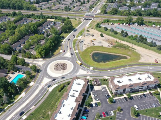 Lazelle Road railroad bridge replacement and new roundabout taken from overhead on a sunny day.