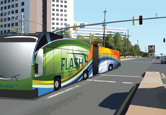 Rendering of a bus featuring a wavy orange, yellow, green, and blue pattern as part of the Flash BRT network in Montgomery County, Md.