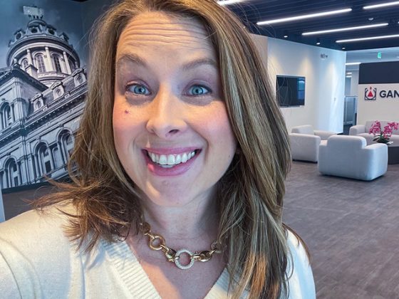 A selfie of Cathy in the lobby of her office.