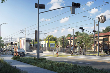 Rendering of a light rail train sitting at a station along a busy city street.